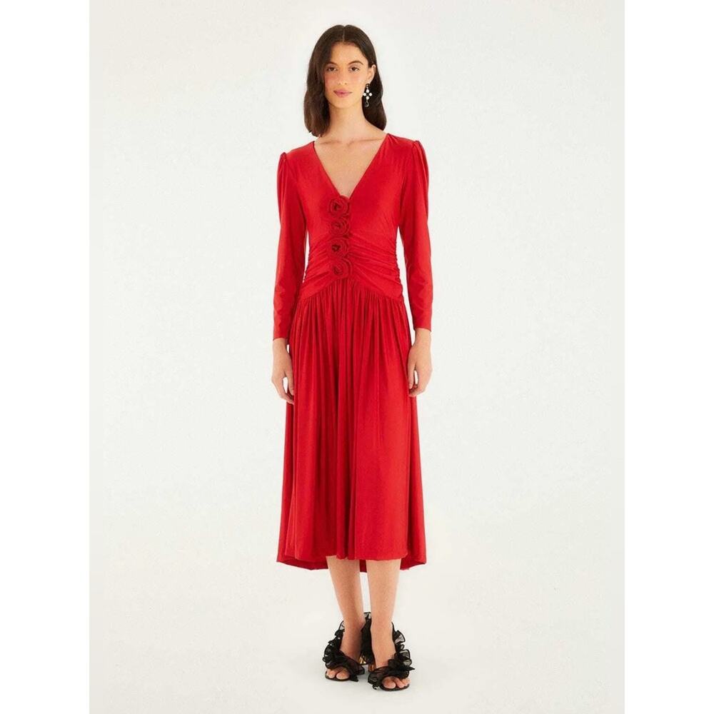 FARM RIO Brazilian Romance Red Flowers Midi Dress